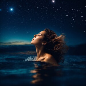 A woman performing a backstroke in the tranquil ocean waters at...