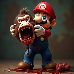 Mario holding decapitated donkey Kongs head,, photo, horror, blo...