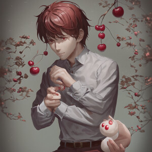 A man holds a cherry in his hands