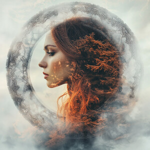 Cottagecore mandala with a double exposure element with a female...