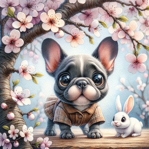 A whimsical, folksy art image of a mischievous little grey french bulldog with very big eyes playing under blossom tree branches, add white Easter rabbit, fantasy art, watercolour