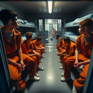 6 Caucasian Male juvenile inmates about 13 to 16 years old are l...