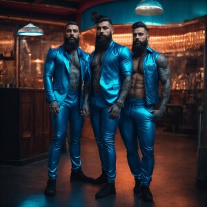 Two bearded muscular men standing with his hands on his in his p...