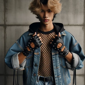 teen boy wawy hair fingerless studded leather gloves jean jacket...