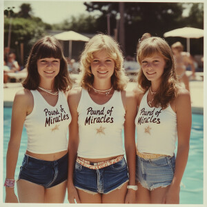 Color film photograph from 1975 of three beautiful 23-year-old w...