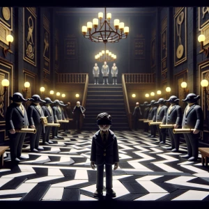 "A miniature stop-motion blindfolded figure stands in the center of a darkened university hall. Around him, shadowy figures in suits hold tiny scrolls and golden fraternity pins. The floor is checkered black-and-white, but something feels off—the patterns distort like an optical illusion, giving an unsettling dreamlike quality to the miniature set. The overhead chandelier flickers, casting shifting elongated shadows on the walls, as the blindfolded initiate waits for the whispered command to begin his trial."