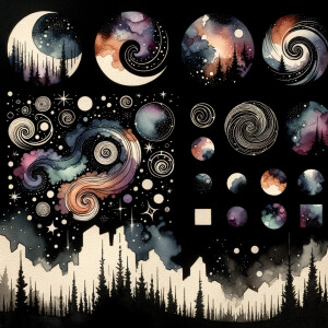 A black background with watercolor designs scattered around, sca...