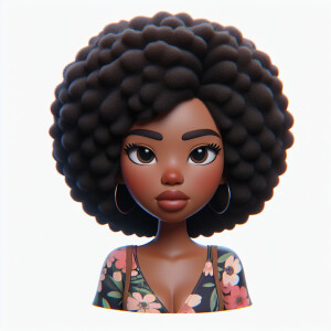 3D animated female brown skin, round face, full lips, afro black...