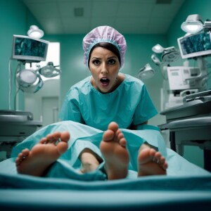 34 year old panicked Spanish woman wearing surgical bouffant cap...