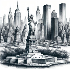 A sketch of New York City’s skyline with the Statue of Liberty