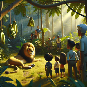 A family in the jungle watches as a lion rests under a tree, rip...