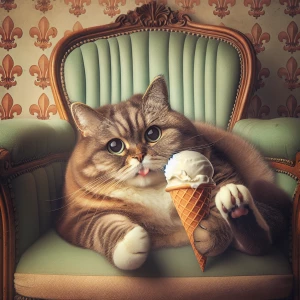 A cat sitting on a vintage sage green chair, holding and licking...