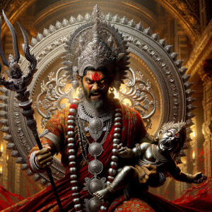 portrait of angry looking goddess durga  carrying a weak mahishasur in her two arms and stabbing him with her amazingly designed trident. She is wearing a huge silver crown, red saree, abundant silver jewelry, covered in blood. The scene is set in ancient India. The image is 8K resolution, cinematic, ultra detailed face and epic.