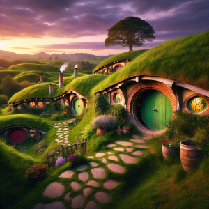 Hobbit houses on a hill with a nice sunset