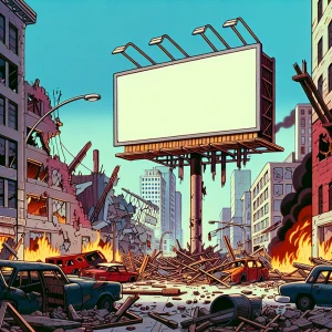 A large empty square billboard with minor damage that takes up m...