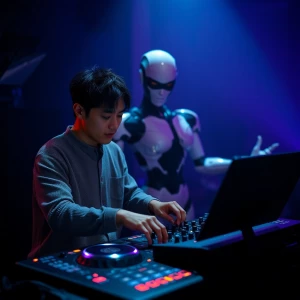 Anyma, a DJ, is positioned in front of his high-tech DJ equipmen...