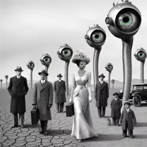 Create a monochromatic, early 20th-century science fiction scene...