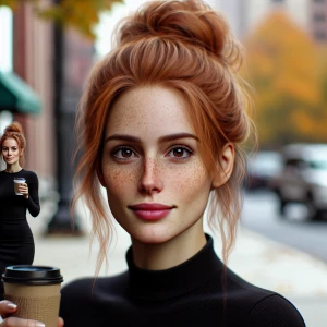 45 year old long ginger hair in messy bun, brown eyes, freckles,...