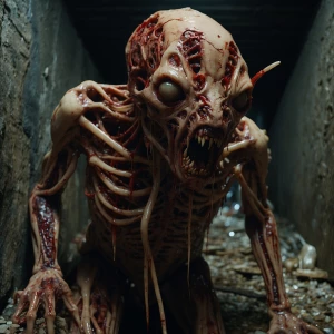 “Twisted humanoid creature crawling through a tunnel of flesh an...