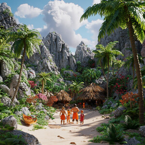 Generate a photorealistic 3D image of the Flintstones family dur...