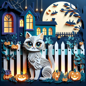 Beautiful cat with big eyes , sitting on a fence in the moonligh...