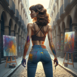 Athletic Thin skinny Attractive, Asian teenage girl, long brown hair and bangs, wearing tight skinny jeans and a halter top paint marks on her clothing, heroic pose Asian graffiti background, backside view