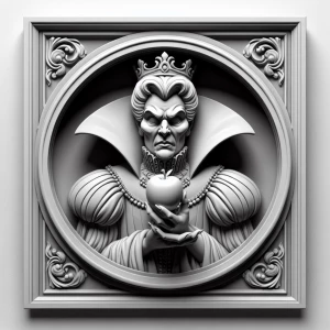 Evil Snow white holding an Apple, grayscale 3d bas relief, round...