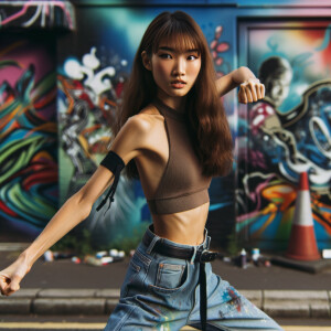 Very thin Athletic Thin skinny Attractive, Asian teenage girl, long brown hair and bangs, wearing tight skinny jeans and a halter top paint marks on her clothing, heroic sideways pose Asian graffiti background