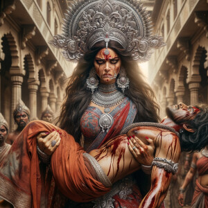 photograph of angry looking, gorgeous goddess durga cosplayer carrying a weak mahishasur in her two arms. She is wearing a huge silver crown, red saree, abundant silver jewelry, covered in blood. The scene is set in ancient India. The image is 8K resolution, cinematic, ultra detailed face and epic.