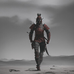 Lone futuristic samurai warrior walking in a desolate landscape...