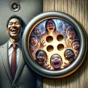 A guy in a suit is laughing at the button on the suit that he is...