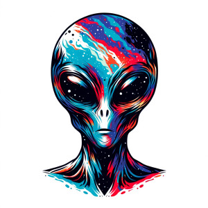 Clean alien graphic illustrated in cosmic colors on a white blan...