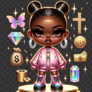A high-resolution, ultra-glossy chibi-style African American gir...