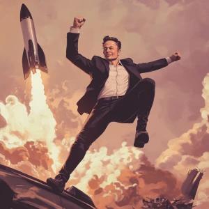Elon Musk,On a rocket with one hand in the air, GTA style