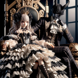 A beautiful girl named lilith with gothic lolita dress sit on the lap of handsome Lucifer with black horn, elegant and epic scene, sitting on the thrones, 3D, humanlike, high res