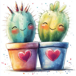 Create an image of two charming, smiling cacti in pots with hear...