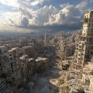 A vast, abandoned cityscape. Crumbling buildings fill the enviro...
