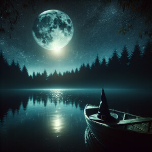 A Halloween night. The scene shows a lake with a wooden boat emp...