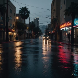 Create an image of Los Angeles in the evening after a rainfall,...