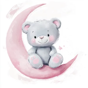 A cute, cartoon teddybear sits on a stylized, rosy-pink crescent moon. The teaddy bear is light gray with large, round, pink-spotted ears.  Its body is round and he has expressive eyes.  its facial expression is happy and friendly. The teddy bears legs and feet are visible, and its posture is relaxed, sitting, slumped into the moon. The moon is a soft, shaded pink, with watercolor-like texture and subtle shading. The background is white. The image is in a child-friendly style, showcasing delicate line work and color palettes. The composition is centered on the teddy bear which is positioned on the moon. The overall style is sweet, whimsical, and reminiscent of children's book illustrations.  The colors are pastel and soothing, creating a gentle atmosphere.