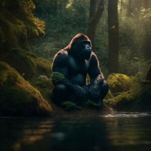 Sasquatch relaxing in a forest creek as it bathes, surrounded by...