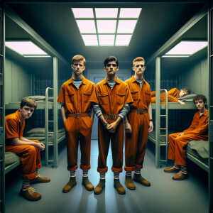 Four Caucasian Males teen boys share a small cell, who vary in a...