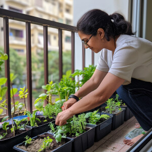 A modern young Indian mother having a small kitchen garden in an...