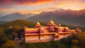 Create a stunning Aerial view of an bird eye view of grand palac...