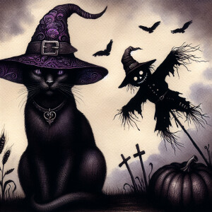 Black cat sitting wearing a purple and black witch hat. A black...