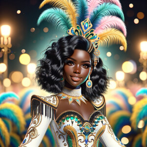 Create a 3-D  vivid full-body view of a colorful glossy hyper-realistic oil painting of a detailed illustration full length photo single image of a beautiful African-American caramel skinned woman plus sized, with long, black, wavy hair, her make up is airbrushed and flawless, she is dressed in a white, teal and yellow large, elaborate, elegant, very detailed carnival costume with colorful African-American pink, blue, gold yellow green feathers, flawless makeup, prominent lashes, black peep toe heels, white pixie hair, background bokeh, she is stunning and smiling, digital art.