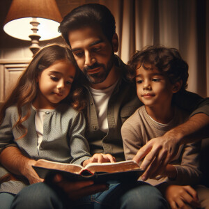 A man sitting down reading the Bible to his two children