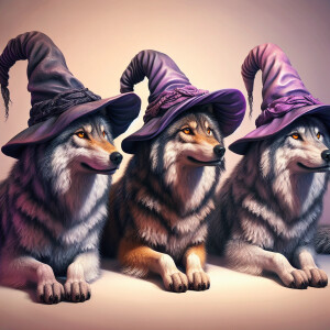 3 wolves sitting next to each other wearing a purple and black w...