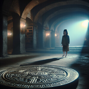 The girl stands in a dark gloomy old basement and finds a medall...