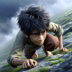 A boy climbing, photorealistic